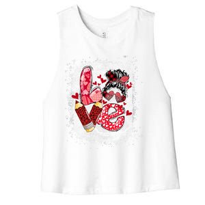 Preschool Teacher Messy Bun Hearts Bleached Valentines Day Cool Gift Women's Racerback Cropped Tank