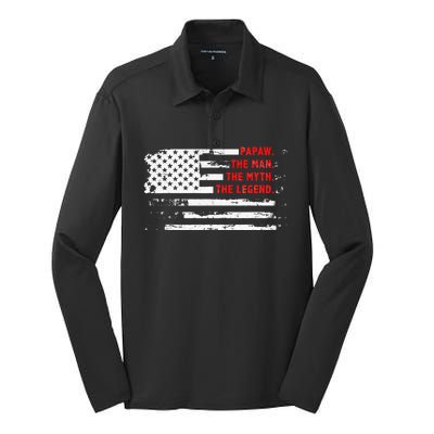 Papaw The Man Myth Legend American USA Flag Father’s Day Silk Touch Performance Long Sleeve Polo