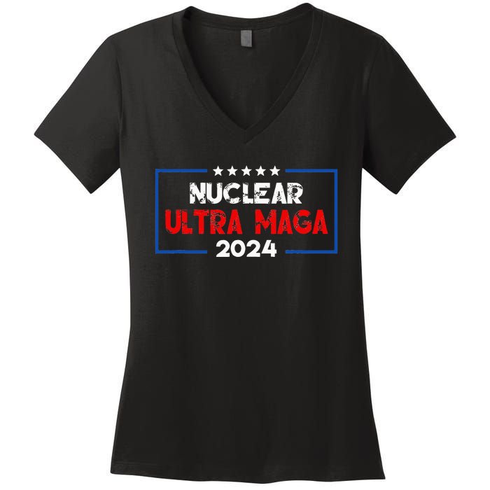 Pro Trump Nuclear Ultra Maga American Flag Vintage Women's V-Neck T-Shirt