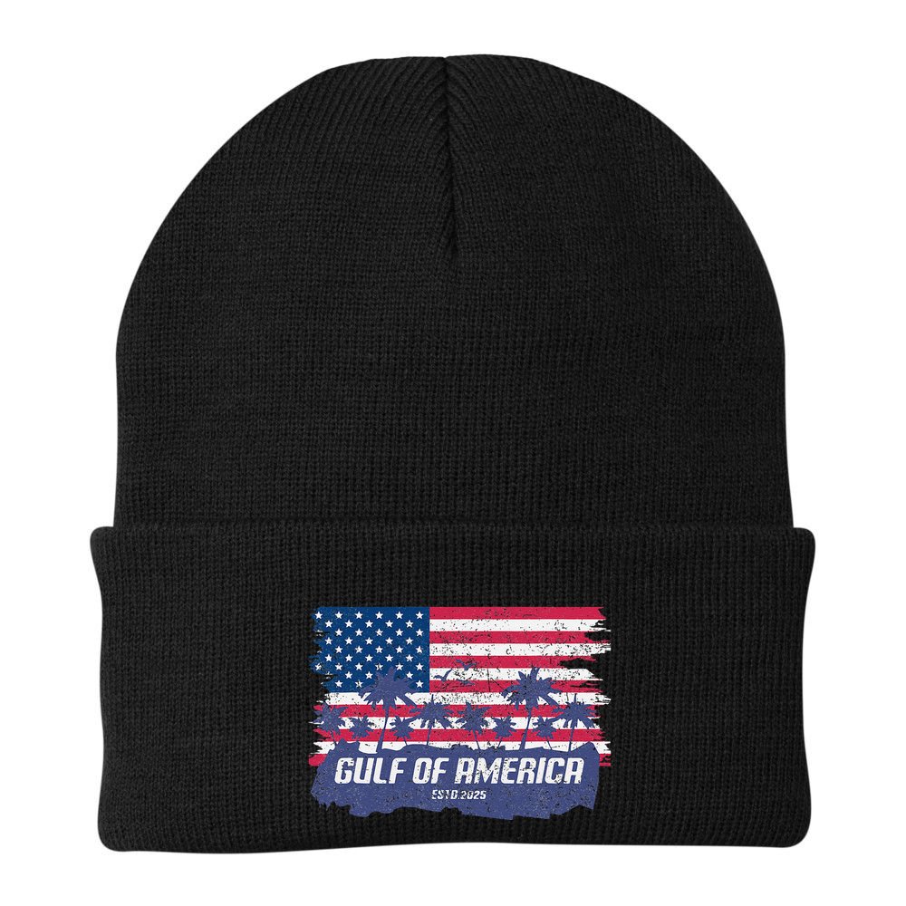 Palm Trees Over Vintage American Flag Gulf Of Mexico Beanie