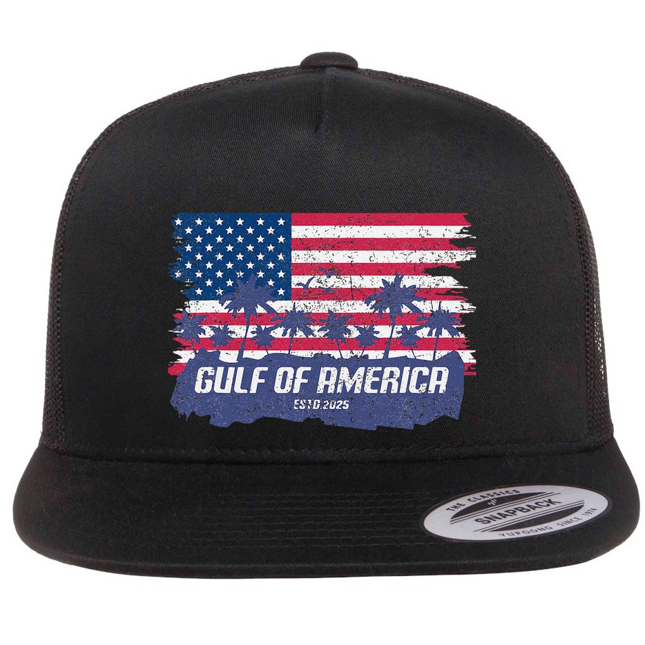 Palm Trees Over Vintage American Flag Gulf Of Mexico Flat Bill Trucker Hat