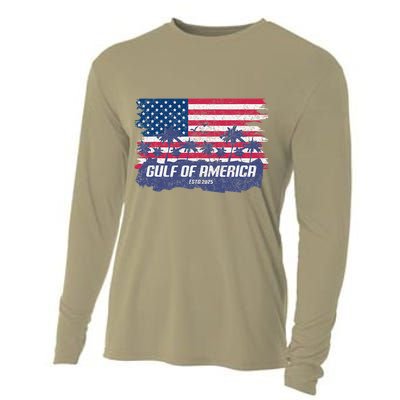 Palm Trees Over Vintage American Flag Gulf Of Mexico Cooling Performance Long Sleeve Crew