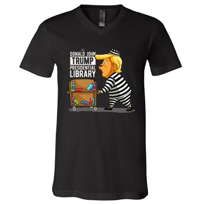 Prison Trump Presidential Library Funny Anti Trump V-Neck T-Shirt