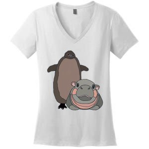 Pesto The Penguin And Moo Deng The Baby Hippo Funny Women's V-Neck T-Shirt