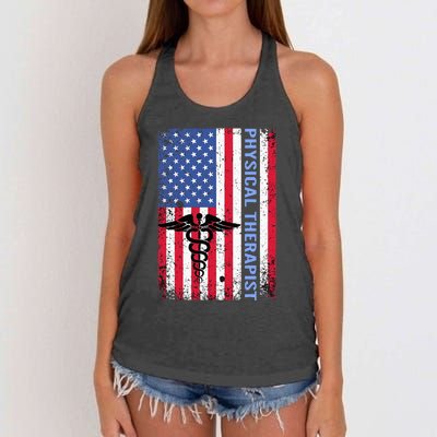 Physical Therapist PT Vintage US Flag Physical Therapy Women's Knotted Racerback Tank