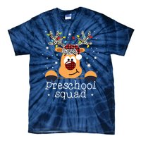 Preschool Team Plaid Reindeer Santa Hat Teacher Christmas Tie-Dye T-Shirt