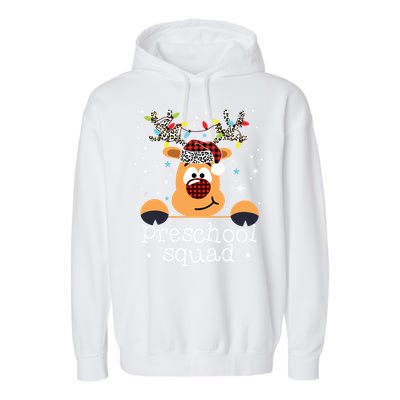 Preschool Team Plaid Reindeer Santa Hat Teacher Christmas Garment-Dyed Fleece Hoodie