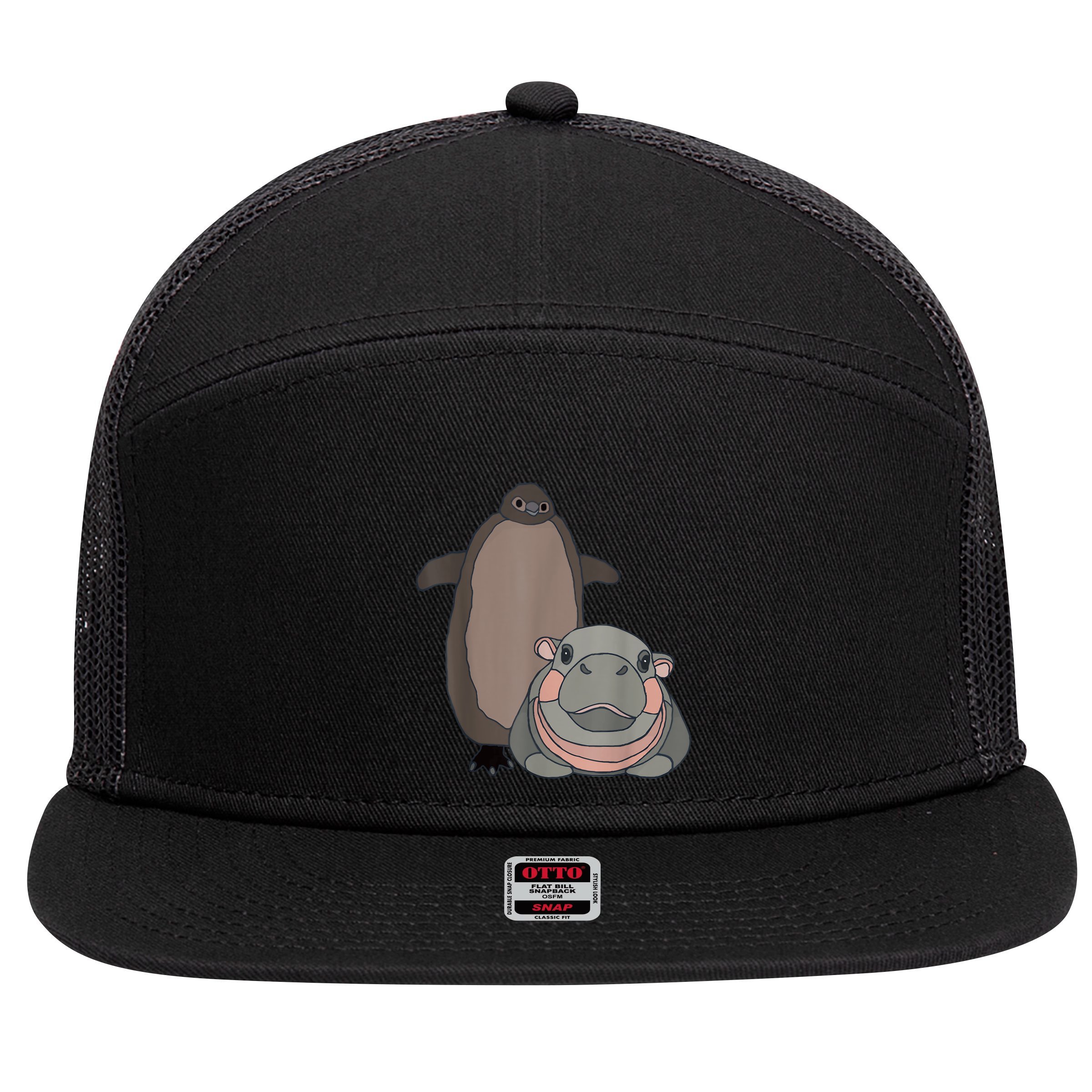 Pesto The Penguin And Moo Deng The Baby Hippo Funny 7 Panel Mesh Trucker Snapback Hat