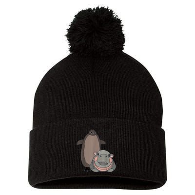 Pesto The Penguin And Moo Deng The Baby Hippo Funny Pom Pom 12in Knit Beanie