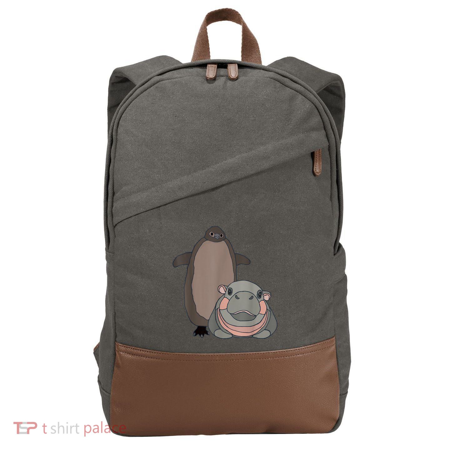 Pesto The Penguin And Moo Deng The Baby Hippo Funny Cotton Canvas Backpack