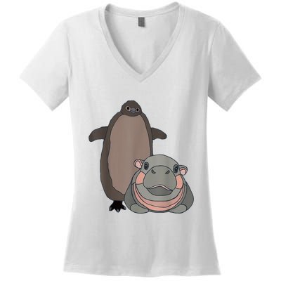 Pesto The Penguin And Moo Deng The Baby Hippo Funny Women's V-Neck T-Shirt