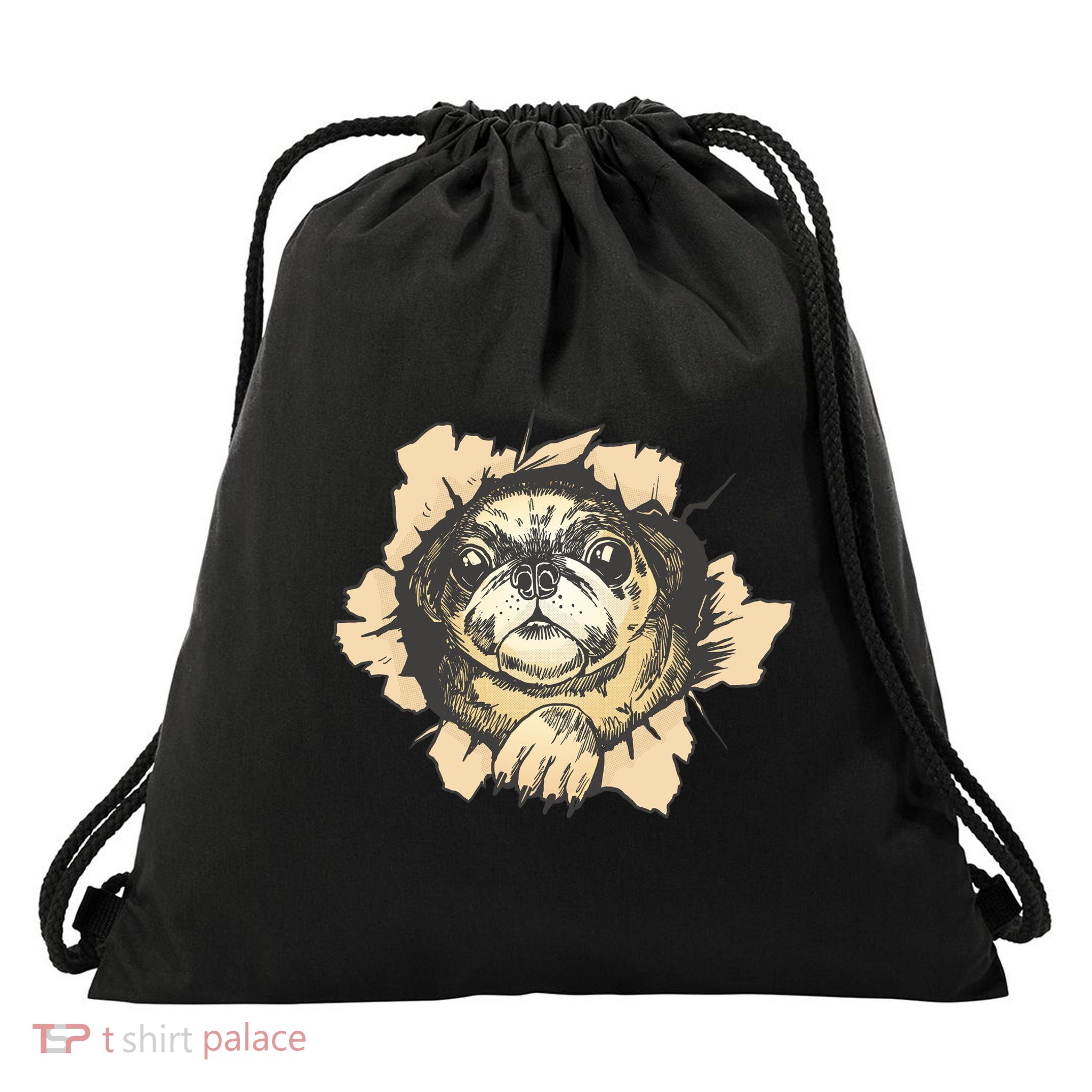 Pug Torn Drawstring Bag