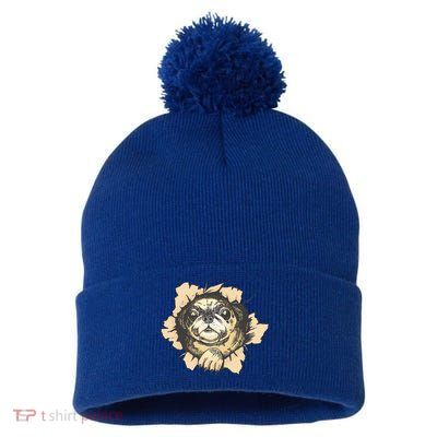 Pug Torn Pom Pom 12in Knit Beanie