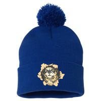 Pug Torn Pom Pom 12in Knit Beanie