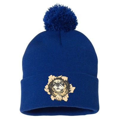 Pug Torn Pom Pom 12in Knit Beanie