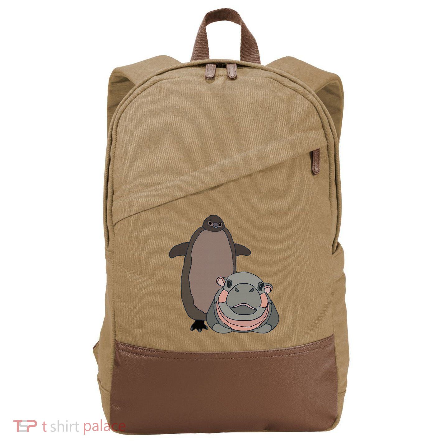 Pesto The Penguin And Moo Deng The Baby Hippo Cotton Canvas Backpack
