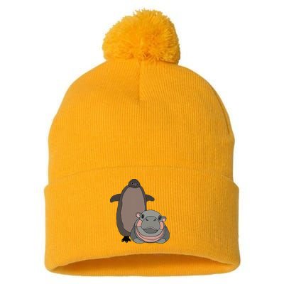 Pesto The Penguin And Moo Deng The Baby Hippo Pom Pom 12in Knit Beanie