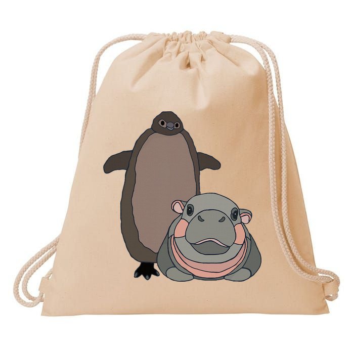 Pesto The Penguin And Moo Deng The Baby Hippo Drawstring Bag