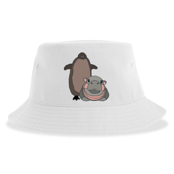 Pesto The Penguin And Moo Deng The Baby Hippo Sustainable Bucket Hat
