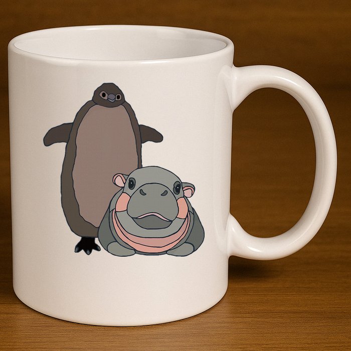 Pesto The Penguin And Moo Deng The Baby Hippo 11oz C Handle Ceramic Mug