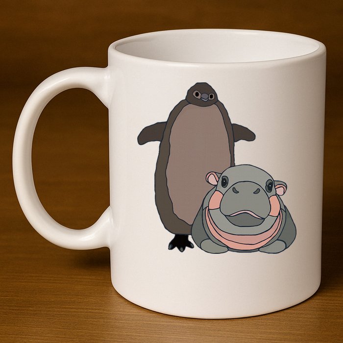 Pesto The Penguin And Moo Deng The Baby Hippo 11oz C Handle Ceramic Mug
