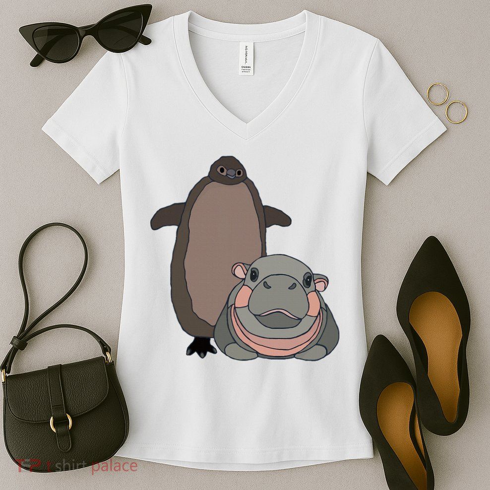 Pesto The Penguin And Moo Deng The Baby Hippo Women's V-Neck T-Shirt