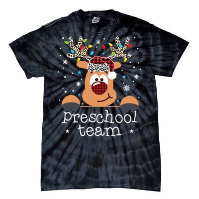 Preschool Team Plaid Reindeer Santa Hat Teacher Christmas Tie-Dye T-Shirt