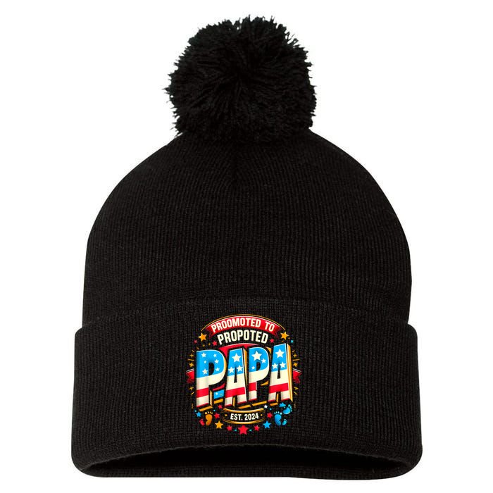 Promoted To Papa Est. 2024 New Papa Fathers Day Pom Pom 12in Knit Beanie