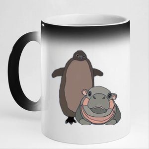 Pesto The Penguin And Moo Deng The Baby Hippo Funny 11oz Black Color Changing Mug