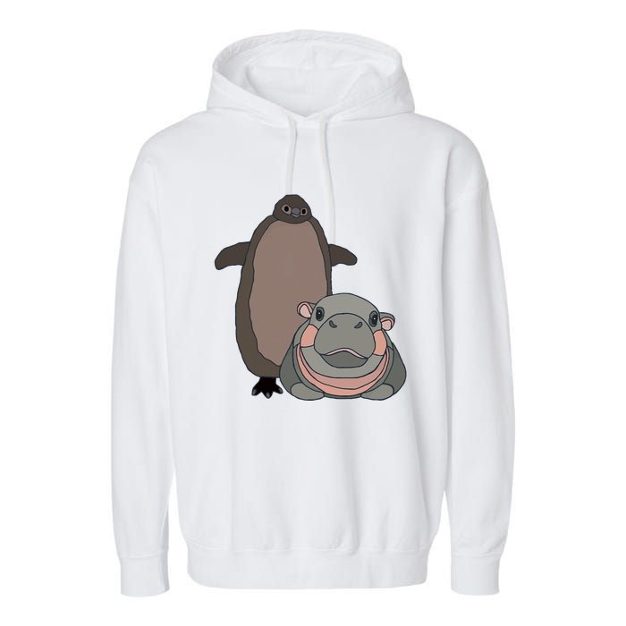 Pesto The Penguin And Moo Deng The Baby Hippo Funny Garment-Dyed Fleece Hoodie