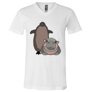 Pesto The Penguin And Moo Deng The Baby Hippo Funny V-Neck T-Shirt