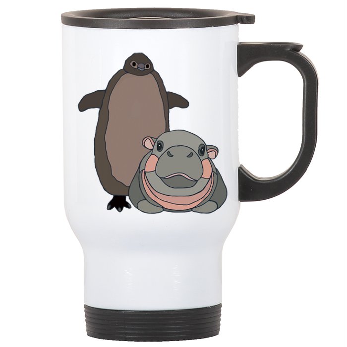 Pesto The Penguin And Moo Deng The Baby Hippo Funny Stainless Steel Travel Mug