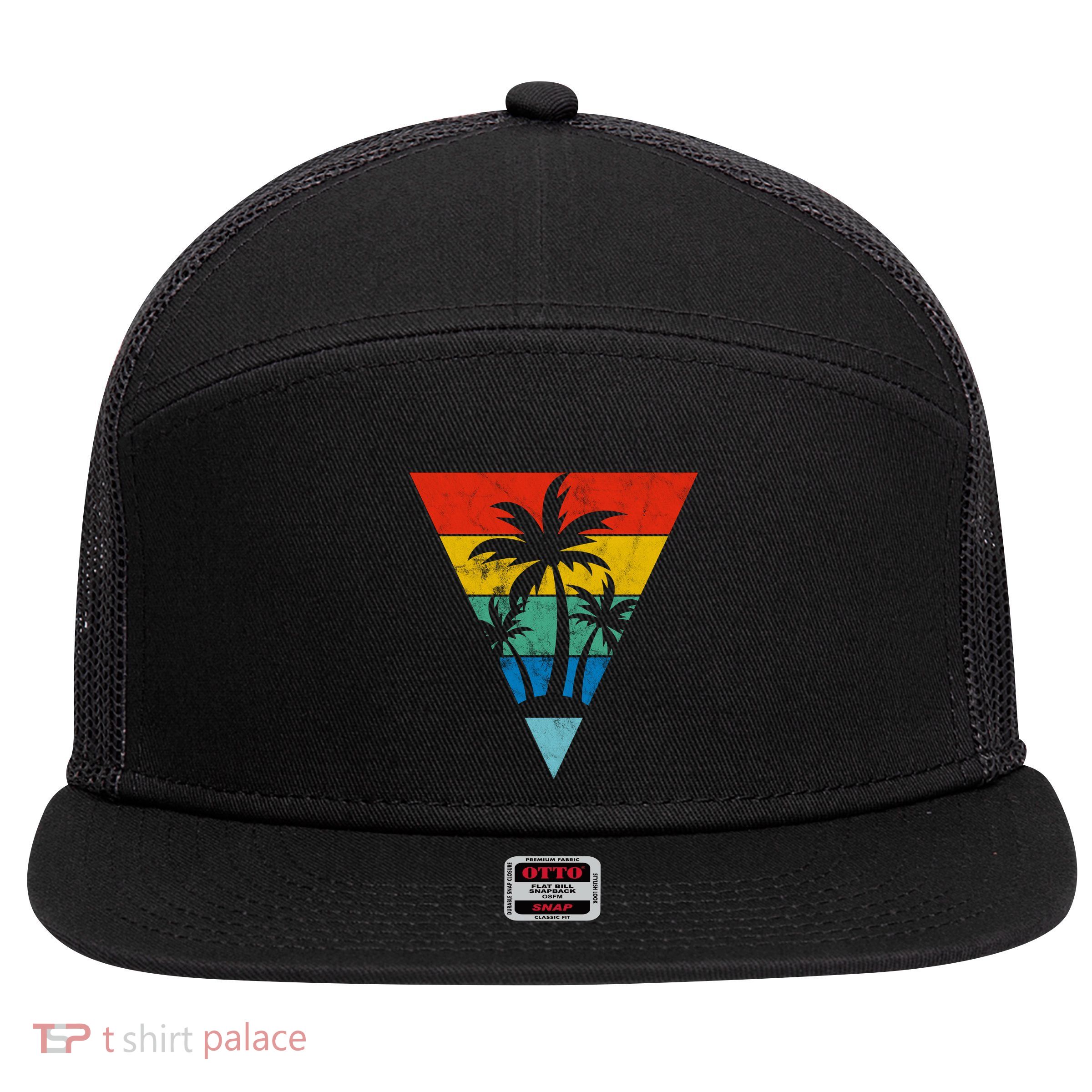 Palm Trees Retro Triangle Sunset 7 Panel Mesh Trucker Snapback Hat