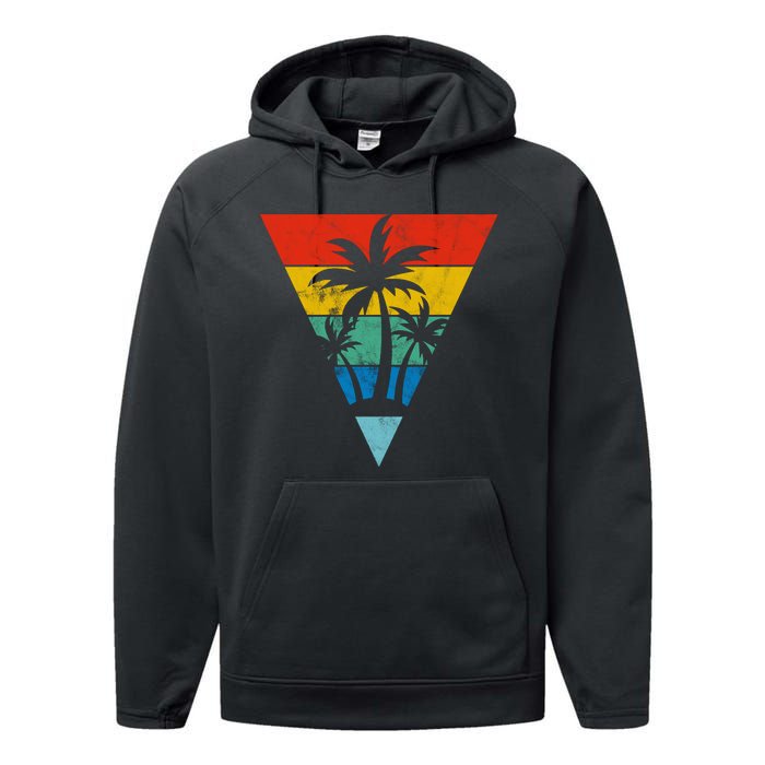 Palm Trees Retro Triangle Sunset Performance Fleece Hoodie