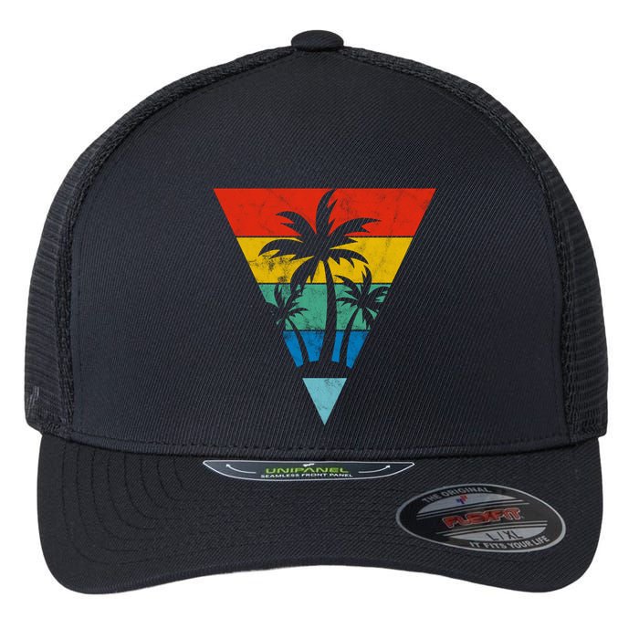 Palm Trees Retro Triangle Sunset Flexfit Unipanel Trucker Cap