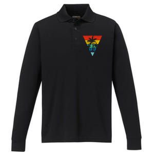 Palm Trees Retro Triangle Sunset Performance Long Sleeve Polo