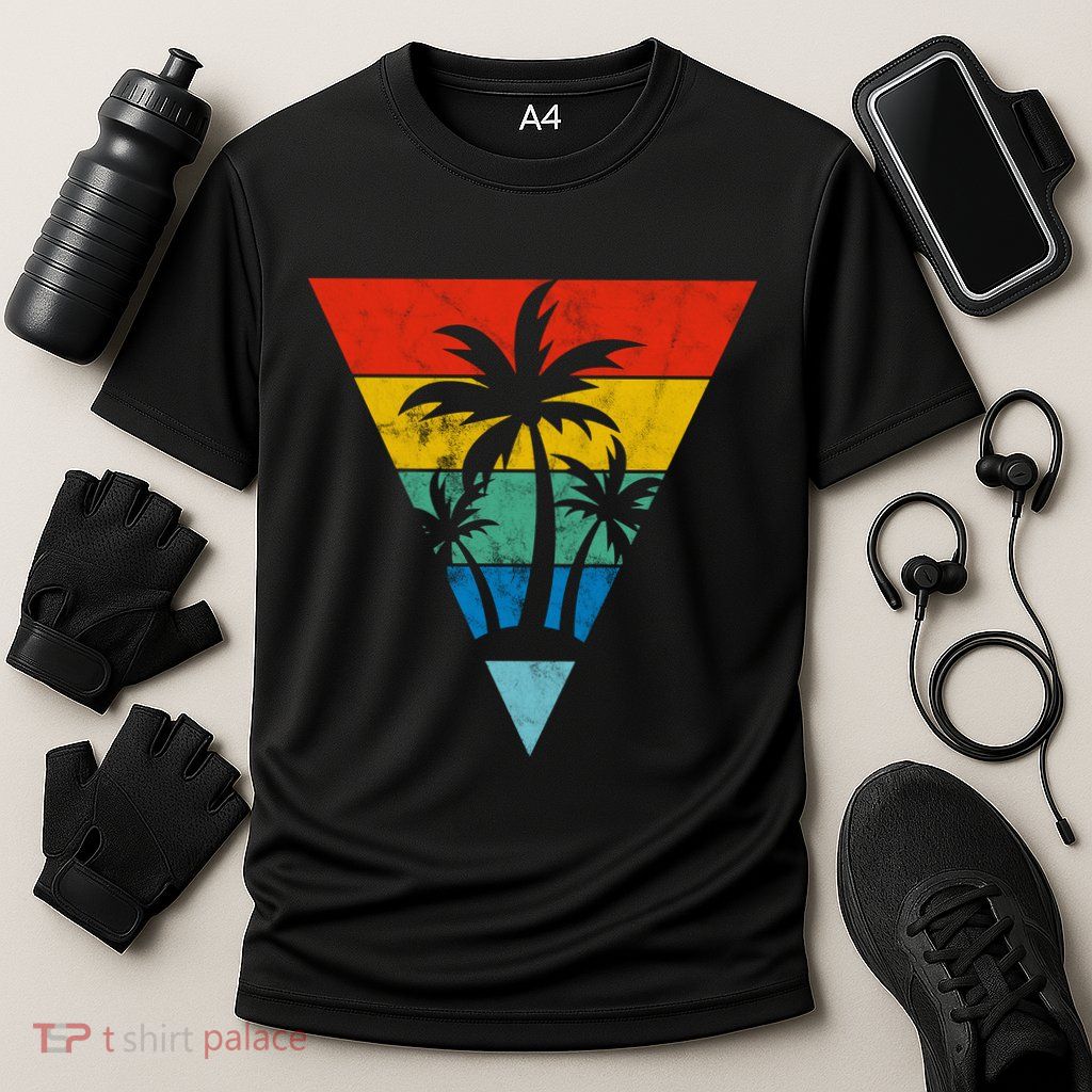 Palm Trees Retro Triangle Sunset Cooling Performance Crew T-Shirt