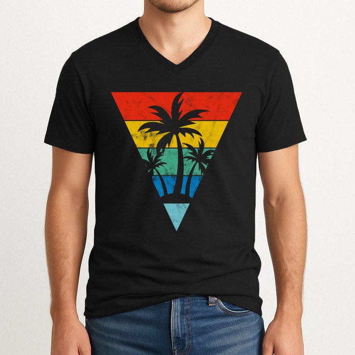Palm Trees Retro Triangle Sunset V-Neck T-Shirt