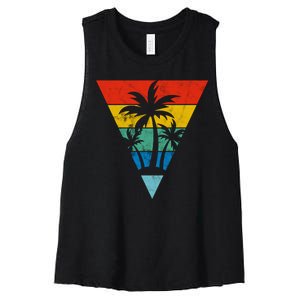 Palm Trees Retro Triangle Sunset Women's Racerback Cropped Tank