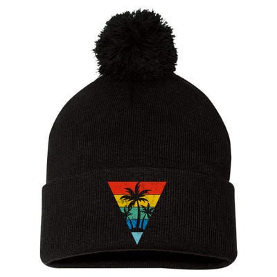 Palm Trees Retro Triangle Sunset Pom Pom 12in Knit Beanie