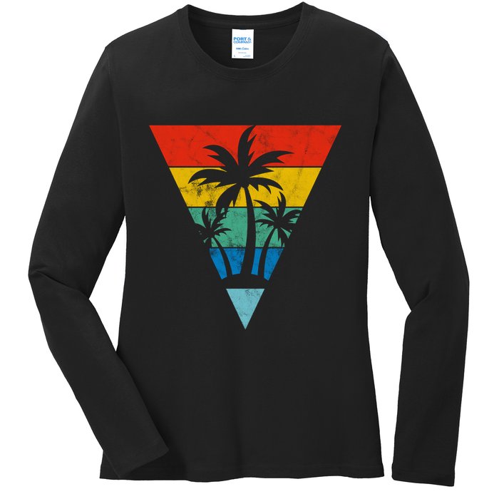 Palm Trees Retro Triangle Sunset Ladies Long Sleeve Shirt