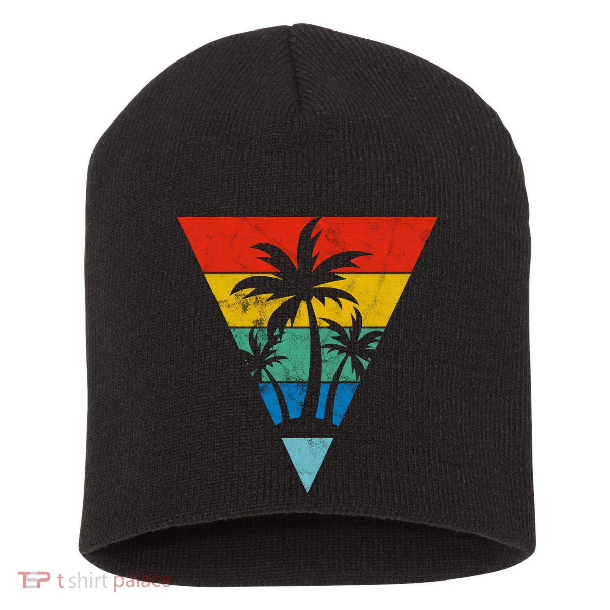 Palm Trees Retro Triangle Sunset Short Acrylic Beanie