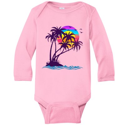 Palm Tree Retro Style Tropical Beach 60s 70s 90s Vintage Baby Long Sleeve Bodysuit