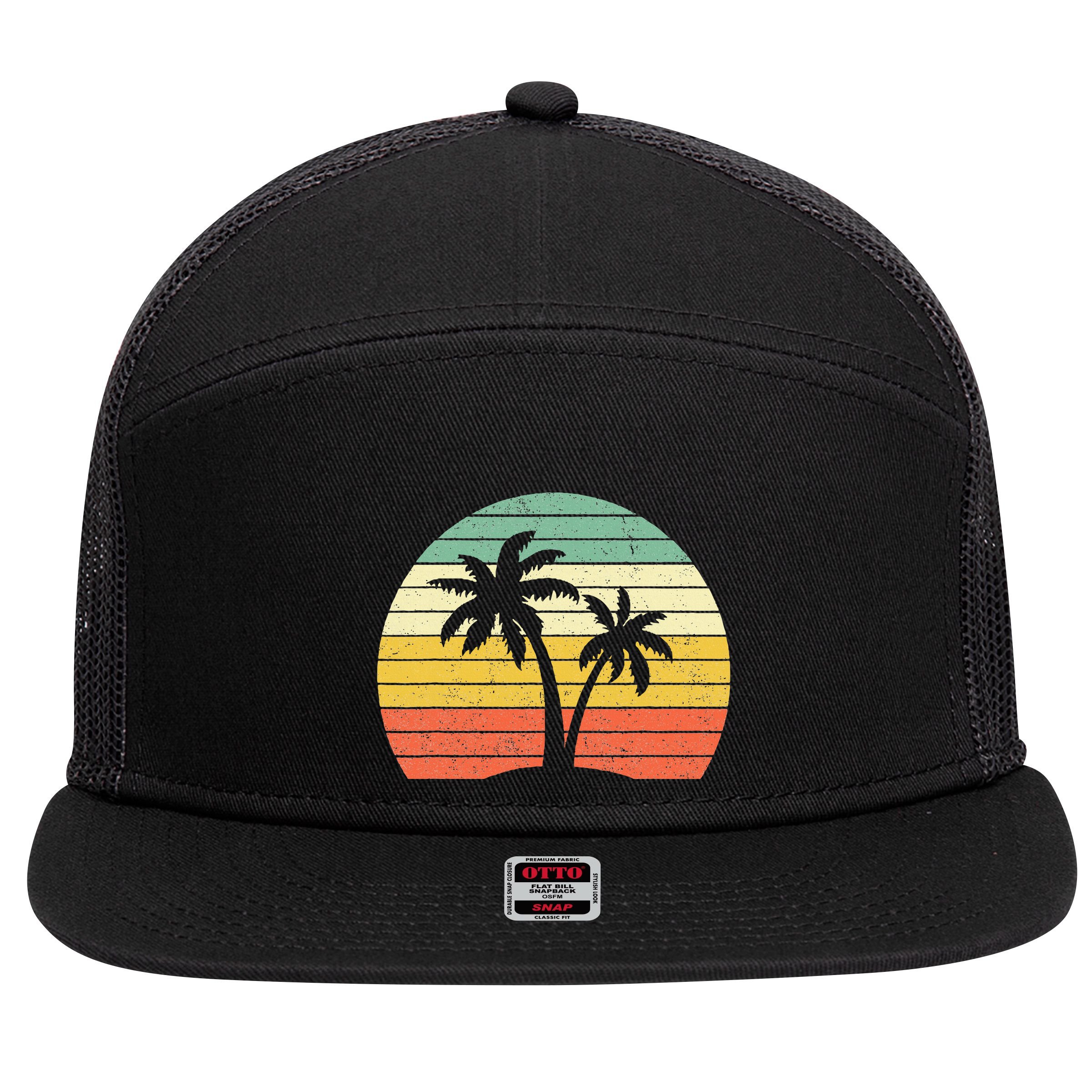 Palm Tree Retro Tropical Beach 7 Panel Mesh Trucker Snapback Hat