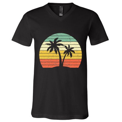 Palm Tree Retro Tropical Beach V-Neck T-Shirt