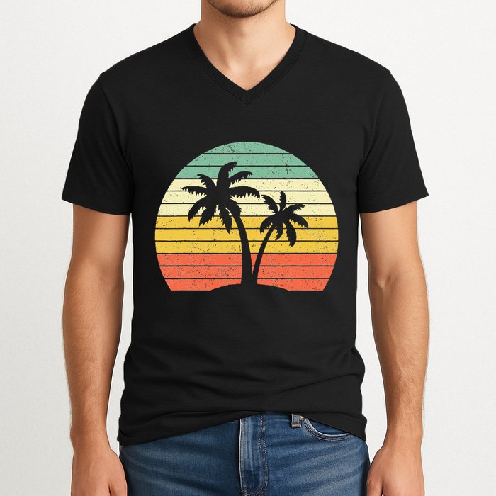 Palm Tree Retro Tropical Beach V-Neck T-Shirt