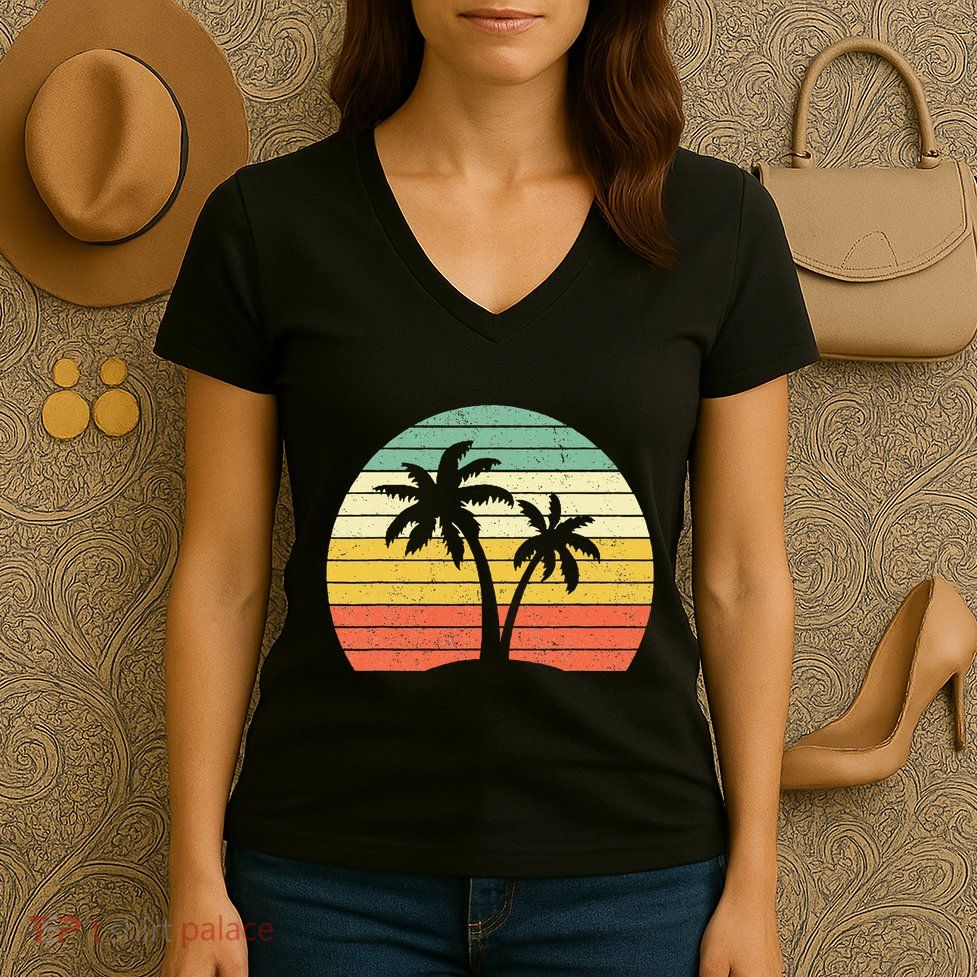 Palm Tree Retro Tropical Beach Women's V-Neck T-Shirt