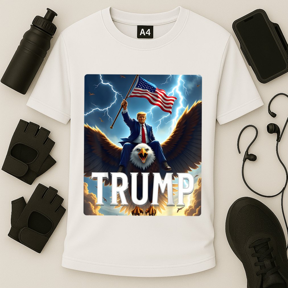 President Trump Riding An Eagle. Patriotic Political Cooling Performance Crew T-Shirt