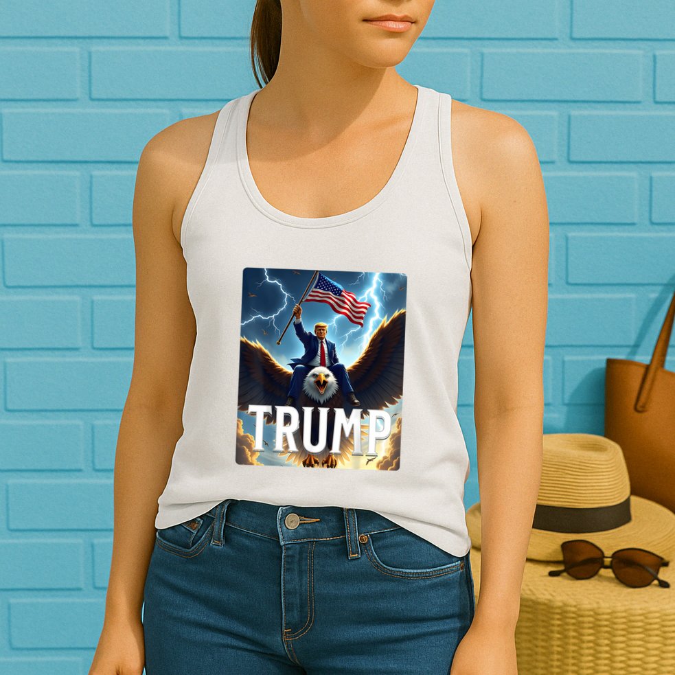 President Trump Riding An Eagle. Patriotic Political Womens Tank Top