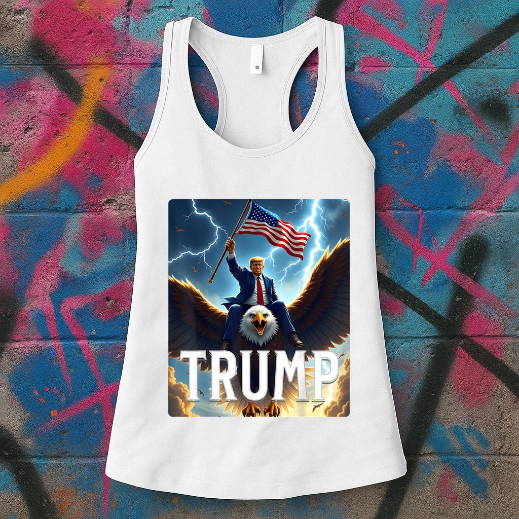 President Trump Riding An Eagle. Patriotic Political Womens Tank Top